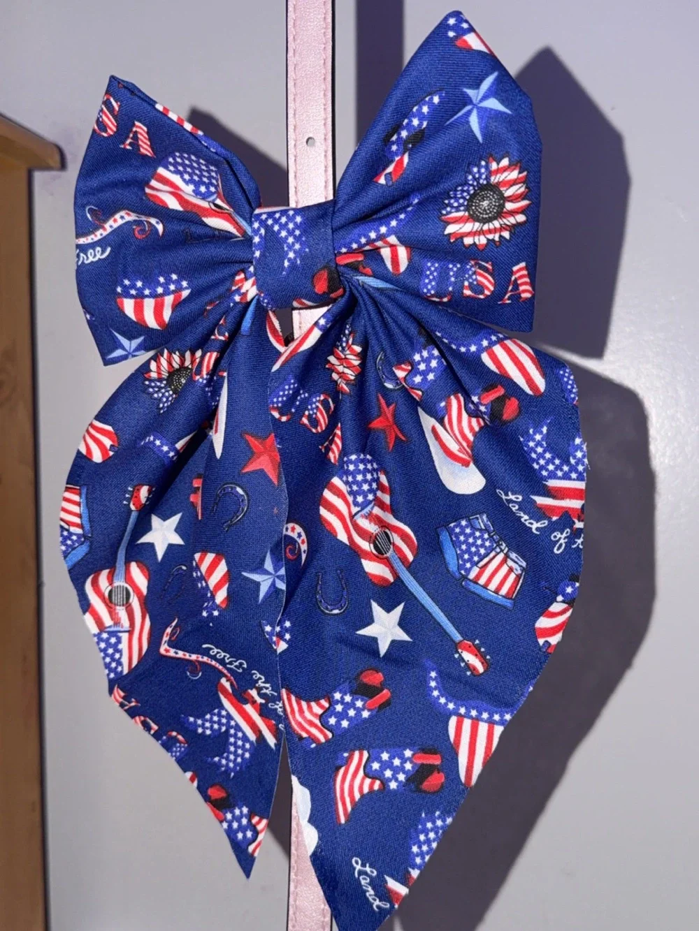 Patriotic Blue Star & Flag Hair Bow
